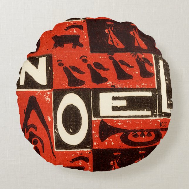 Noel Red Block Print Round Pillow (Front)