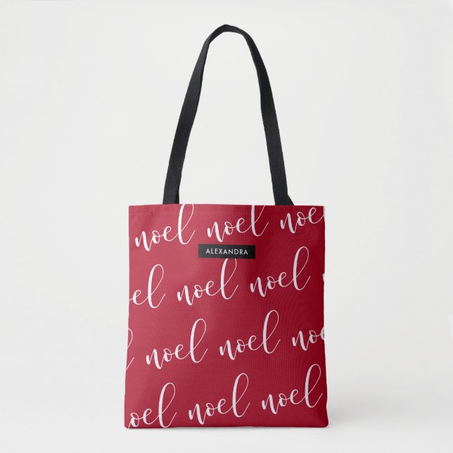 Noel | Red Christmas Script with your Name Tote Bag (Front)