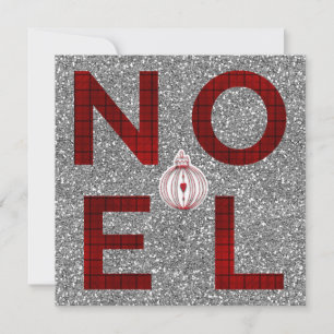 Noel Red Tartan Plaid Silver Glitter Holiday Photo Card