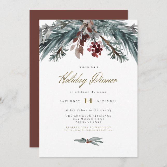 NOEL Rustic Christmas Pine Winter Holiday Dinner Invitation (Front/Back)