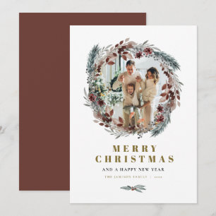 NOEL Rustic Pine Wreath Round Photo Christmas Card