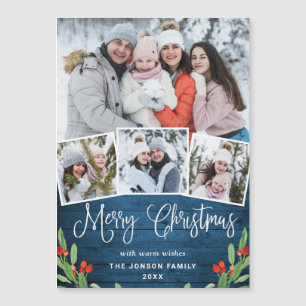 Noël Rustique Bleu Bois 4 PHOTO Carte magnétique