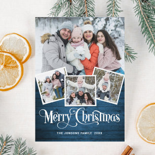 Noël Rustique Bleu Bois 4 PHOTO Carte magnétique