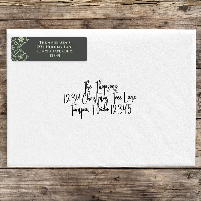 Noël Simple Green Snowflake Classic Motif (Christmas elegant snowflake pattern with a grey background with a light green return address label. )