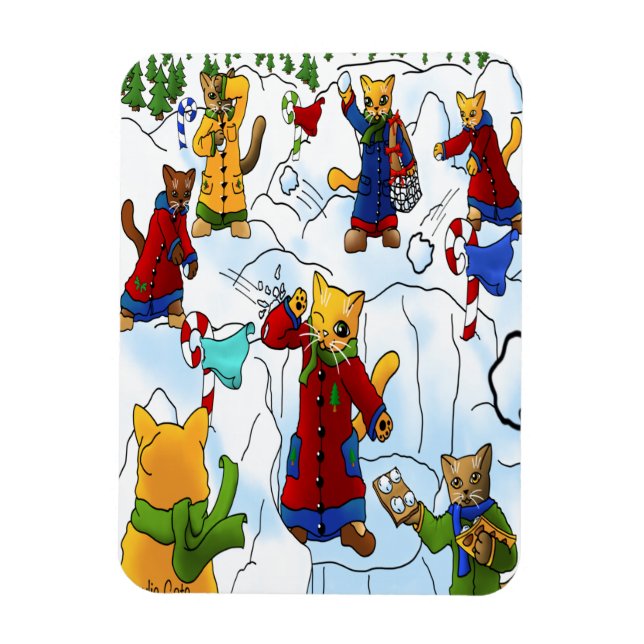 Noël Snowball Fight Cats Magnet (Vertical)