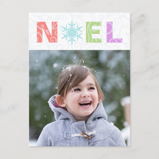 Noel Snowflake Pastel Damask Photo Holiday Postcard (Front)