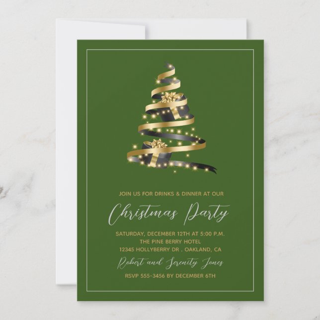 Noël Soirée Green Gold Tree Invitation (Devant)