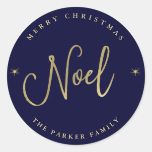 Noel   Stars at Night on Christmas Gold and Navy Classic Round Sticker