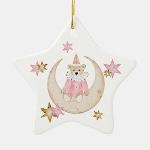 Noel teddy bear Christmas tree name ribbon Ceramic Ornament