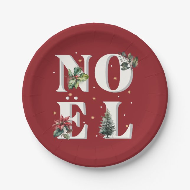 Noël text design with beautiful winter plants paper plate (Front)