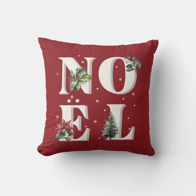 Noël text design with beautiful winter plants throw pillow (Front)