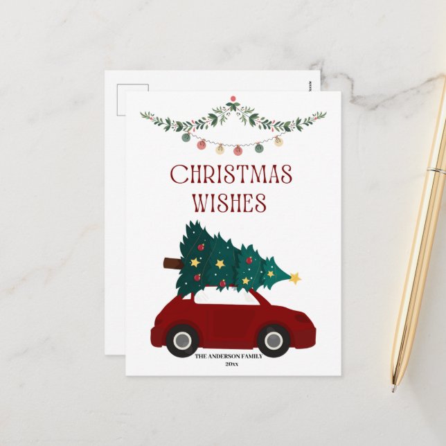 Noël Voiture rouge et arbre Carte postale de vacan (Devant/Arrière en situation)