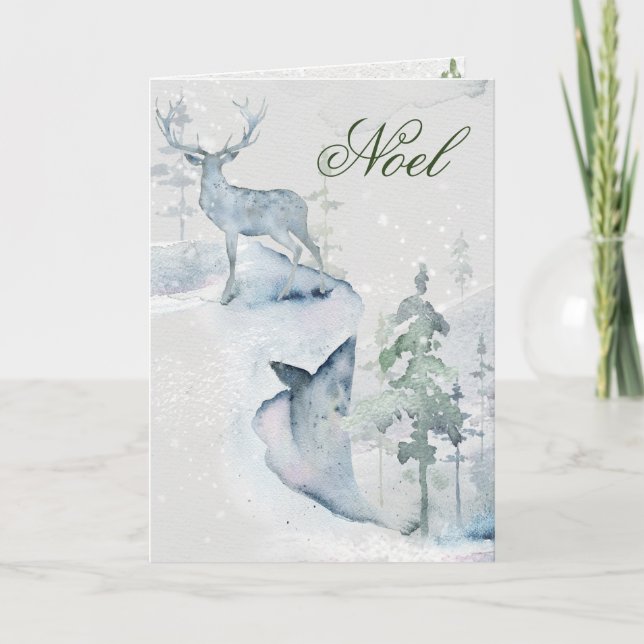 Noel Watercolor Deer on the Cliff Card (Front)