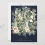 Noel Winter Pine Botanical Snow Christmas Card<br><div class="desc">Noel is spelled out in silver glitter letters embellished with white flowers. They are nestled in winter pine branches that are dappled with snow. Two lines of white text are below and let you personalize your message. The dark blue background makes them really pop.</div>