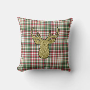 Noël XMAS Plaid Tartan Gold Deer Buck Coussin