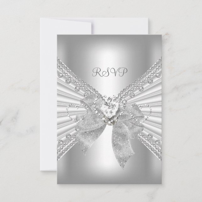 Noeud diamant coeur blanc argent RSVP pour mariage (Devant)