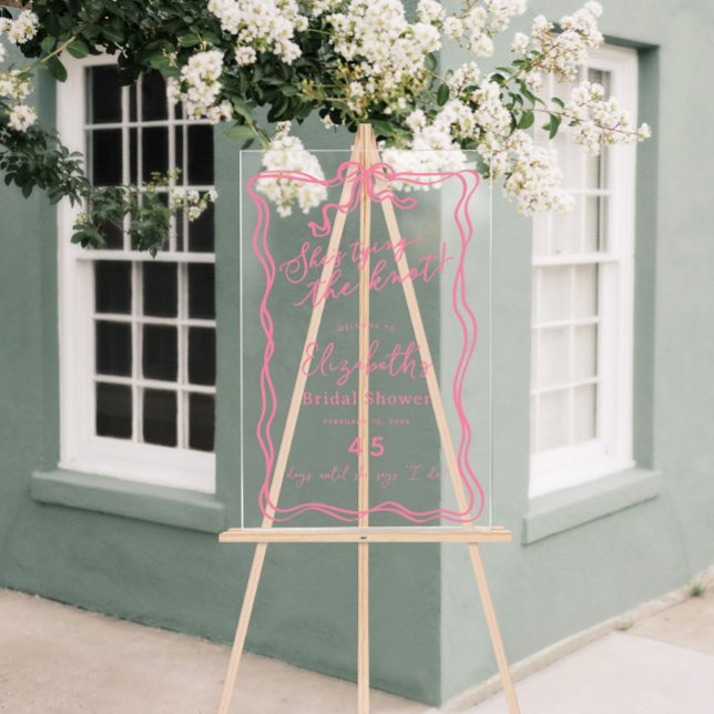 Nœud Rose Rétro Elle Se Marie Bienvenue (Retro Pink Bow She's Tying the Knot Welcome Acrylic Sign)