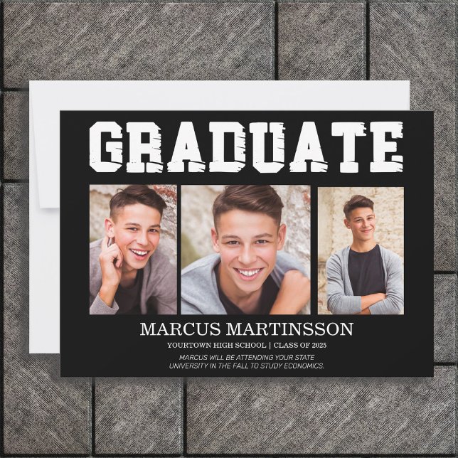 Noir 3 Faire-part de diplôme photo (Black and white 3-photo graduation announcement for him. High School or College graduates)