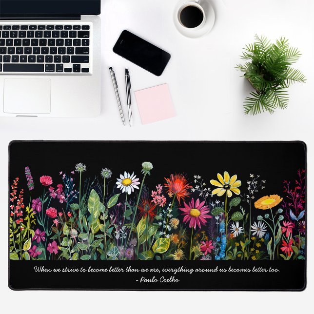 Noir Aquarelle Fleur sauvage Citations Comptoir (Black Watercolor Wildflowers Quotes Desk Mat)