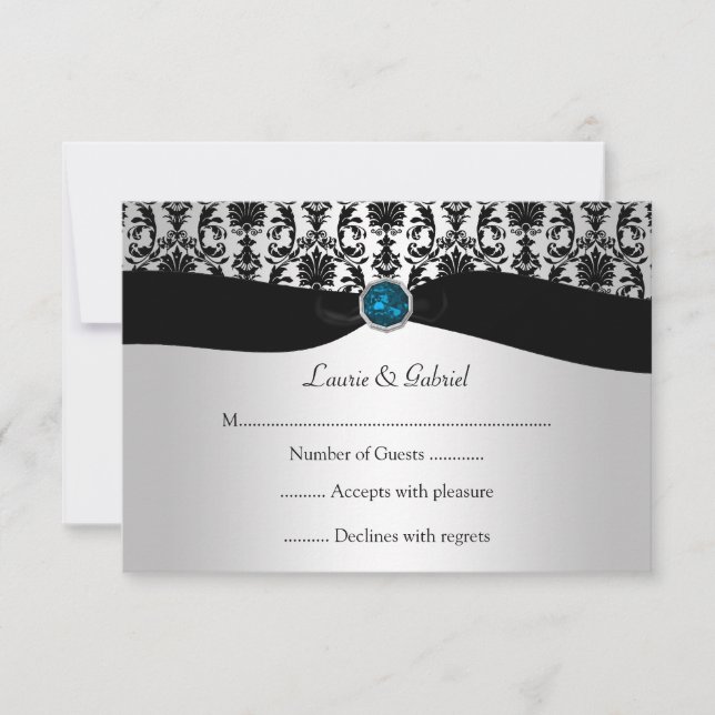 Noir Argent Damask bleu Topaz Jewel RSVP Invitati (Devant)