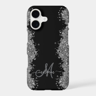 Noir Argent Faux Paillettes Gris Moderne Monogramm