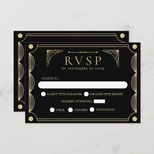 Noir Art Déco Mariage RSVP (Devant / Derrière)