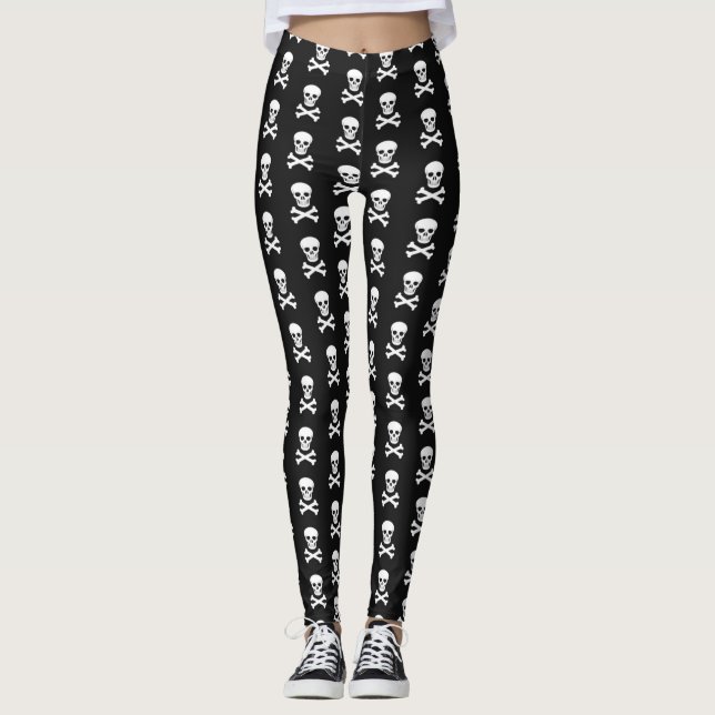 Noir avec crânes blancs et os Motifs Leggings (Devant)