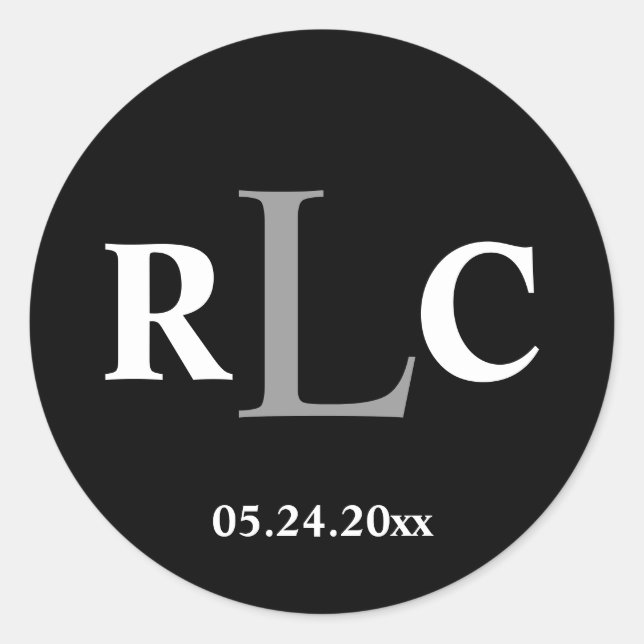 Noir blanc 3 monogramme initial étiquette mariage  (Devant)