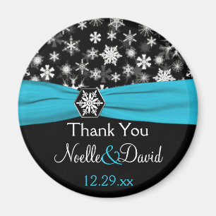 Noir, Blanc, Aqua Snowflakes Wedding Favor Magnet