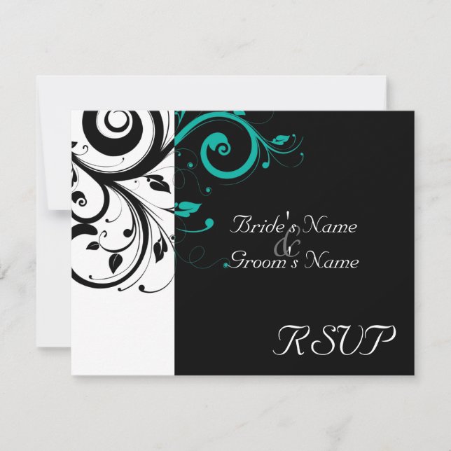 Noir +Blanc Aqua Swirl Mariage correspondant RSVP (Devant)