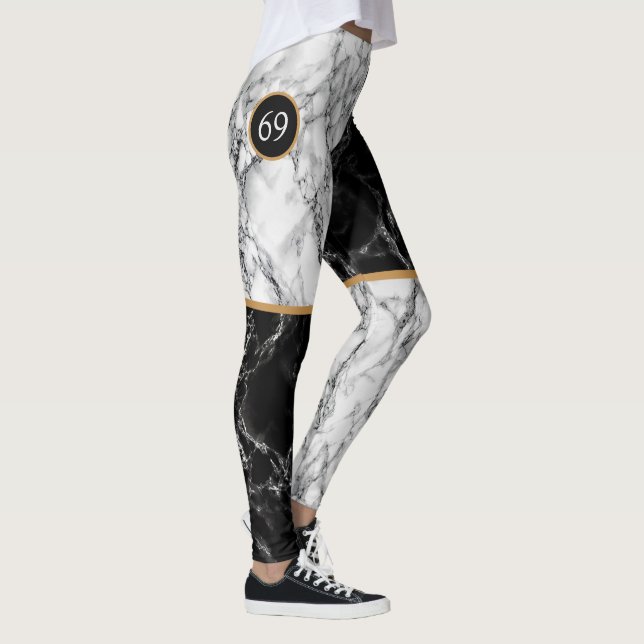 Noir Blanc Chèque Marbre Numéros Sport Leggings (Droite)