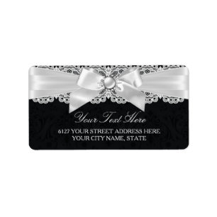 Noir & Blanc Damask & Pearl Bow Étiquette de adres