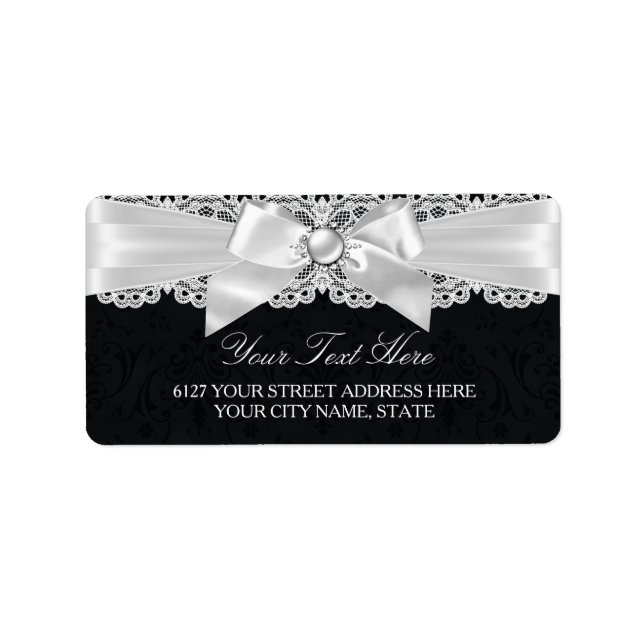 Noir & Blanc Damask & Pearl Bow Étiquette de adres (Devant)