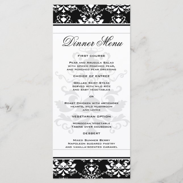 Noir & Blanc Damask Slim Dinner Menu (Devant)