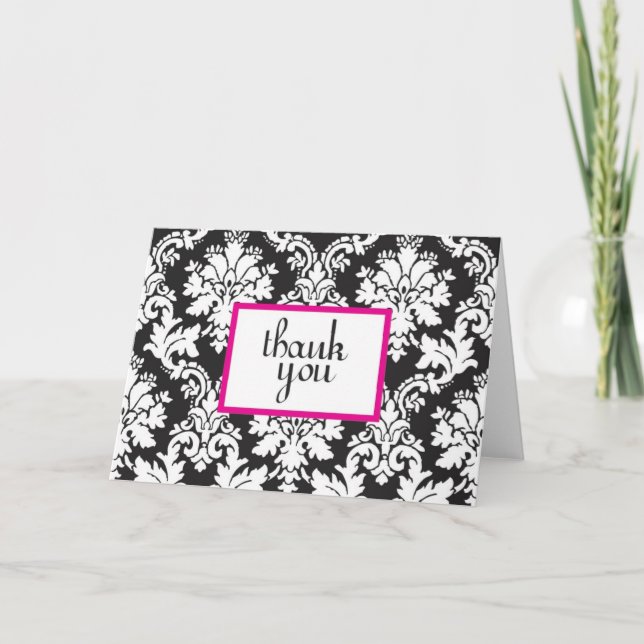 noir blanc et rose chaud damassé carte de remercie (Devant)
