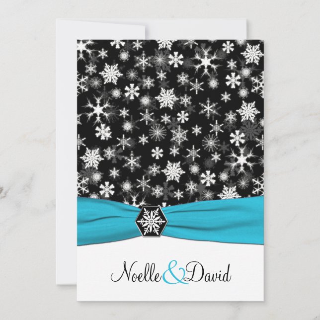 Noir, blanc, Faire-part de mariage Aqua Snowflakes (Devant)