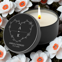 Noir Blanc Floral Coeur Moderne Monogramme Mariage