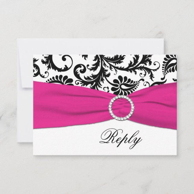 Noir, Blanc, Fuchsia Damask Carte de réponse (Devant)