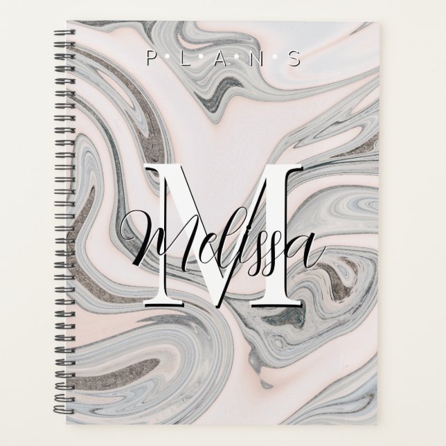 Noir blanc gris moderne Monogramme Abstrait Planif (Devant)