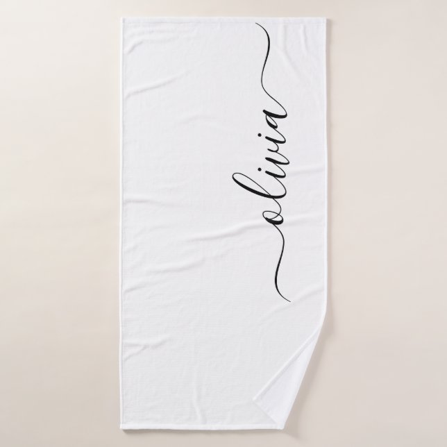 Noir Blanc moderne Script Girl Monogramme Nom (Serviette de bain)