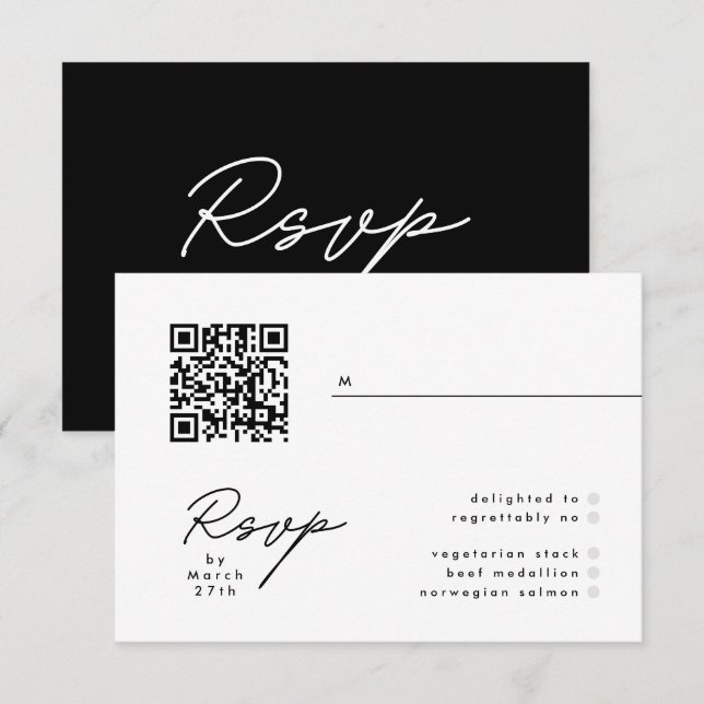 Noir & Blanc moderne Simple QR Wedding RSVP (Devant / Derrière)