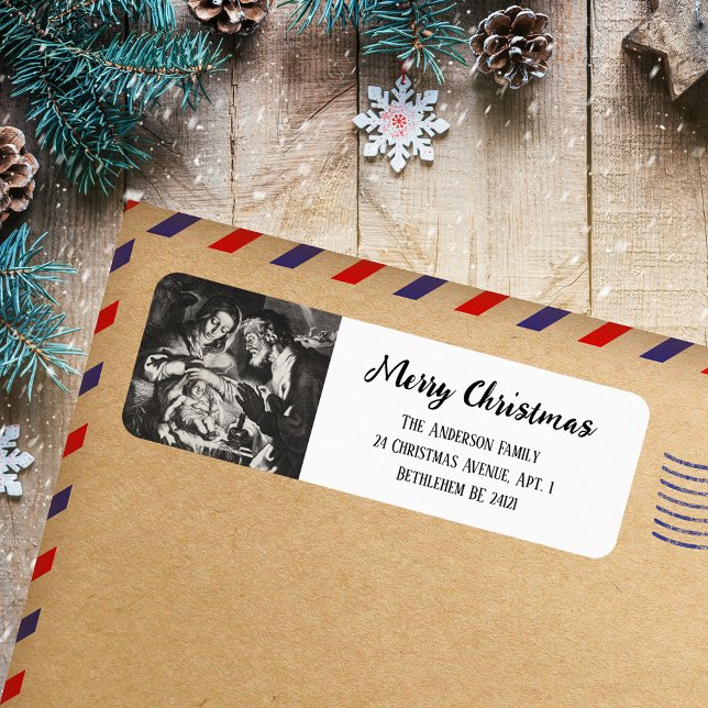 Noir & Blanc Religieux Chrétien Saint Noël (Black & White Simple Script Religious Christian Catholic Nativity Christmas Return Address Label)