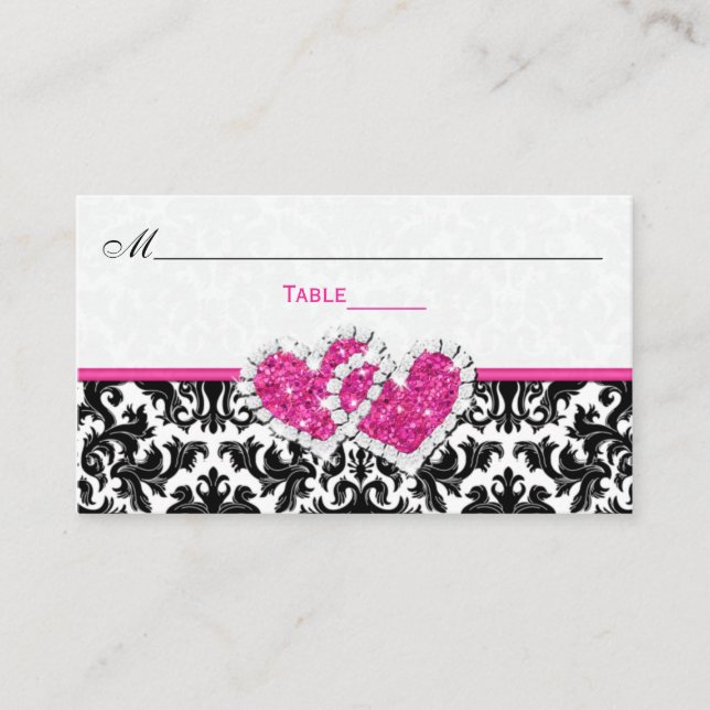 Noir, Blanc, Rose Coeurs Joints Damask Carte Place (Devant)