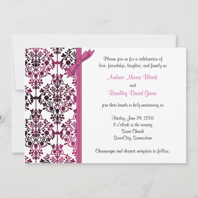 Noir blanc rose Damas Faire-part de mariage floral (Devant)