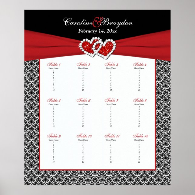 Noir Blanc Rouge Damas Coeur Table Siège Poster (Devant)