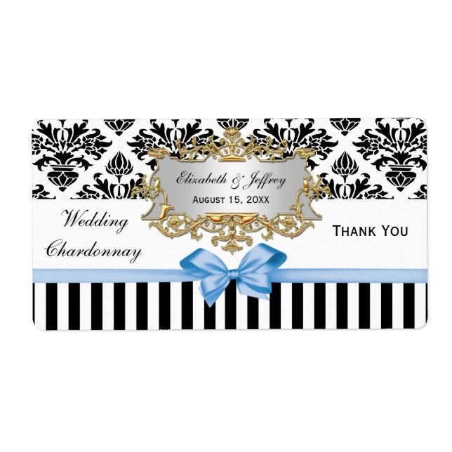 Noir Blanc Strique Damask Lt Blue Party Vin Étique (Devant)