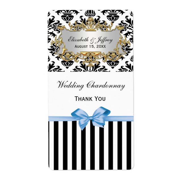Noir Blanc Strique Damask Lt Blue Party Vin Étique (Devant)