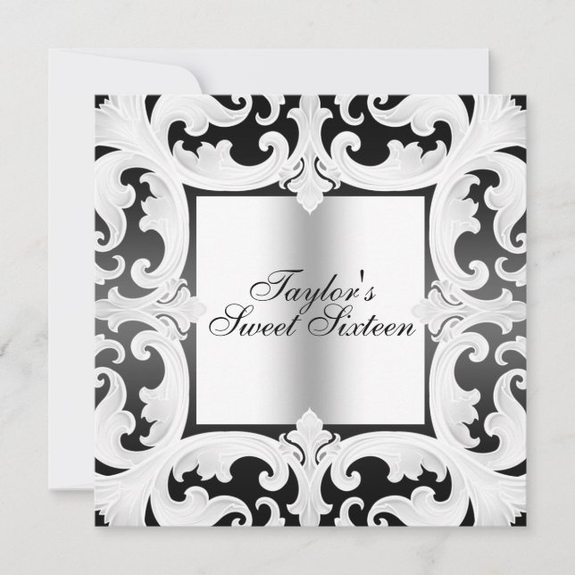 Noir/Blanc Sweet16 Damask Design Invitation d'anni (Devant)