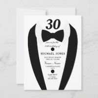 Noir blanc Tuxedo Mens 30e anniversaire Invitation