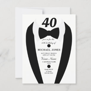 Noir blanc Tuxedo Mens 40e anniversaire Invitation